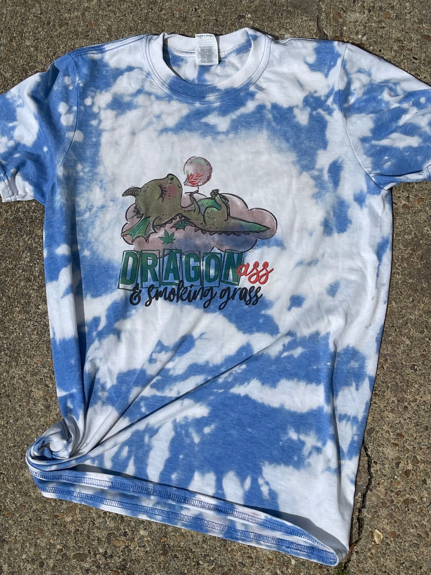 Light blue Dragon Ass smoking grass Bleached Tee